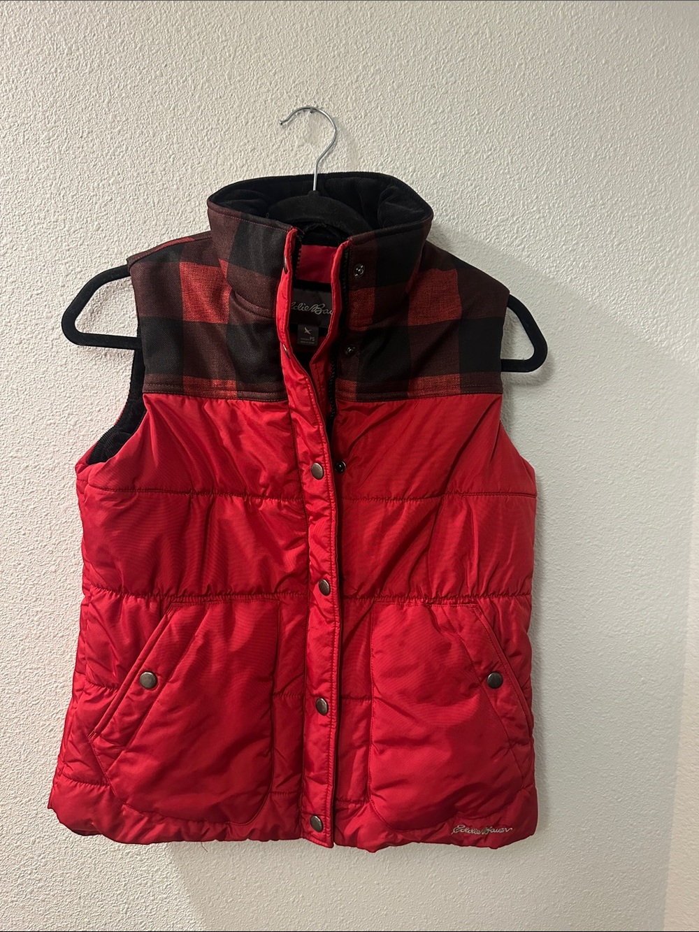 Eddie Bauer Red Puffer Vest with Black and Red Buffalo Plaid Yoke